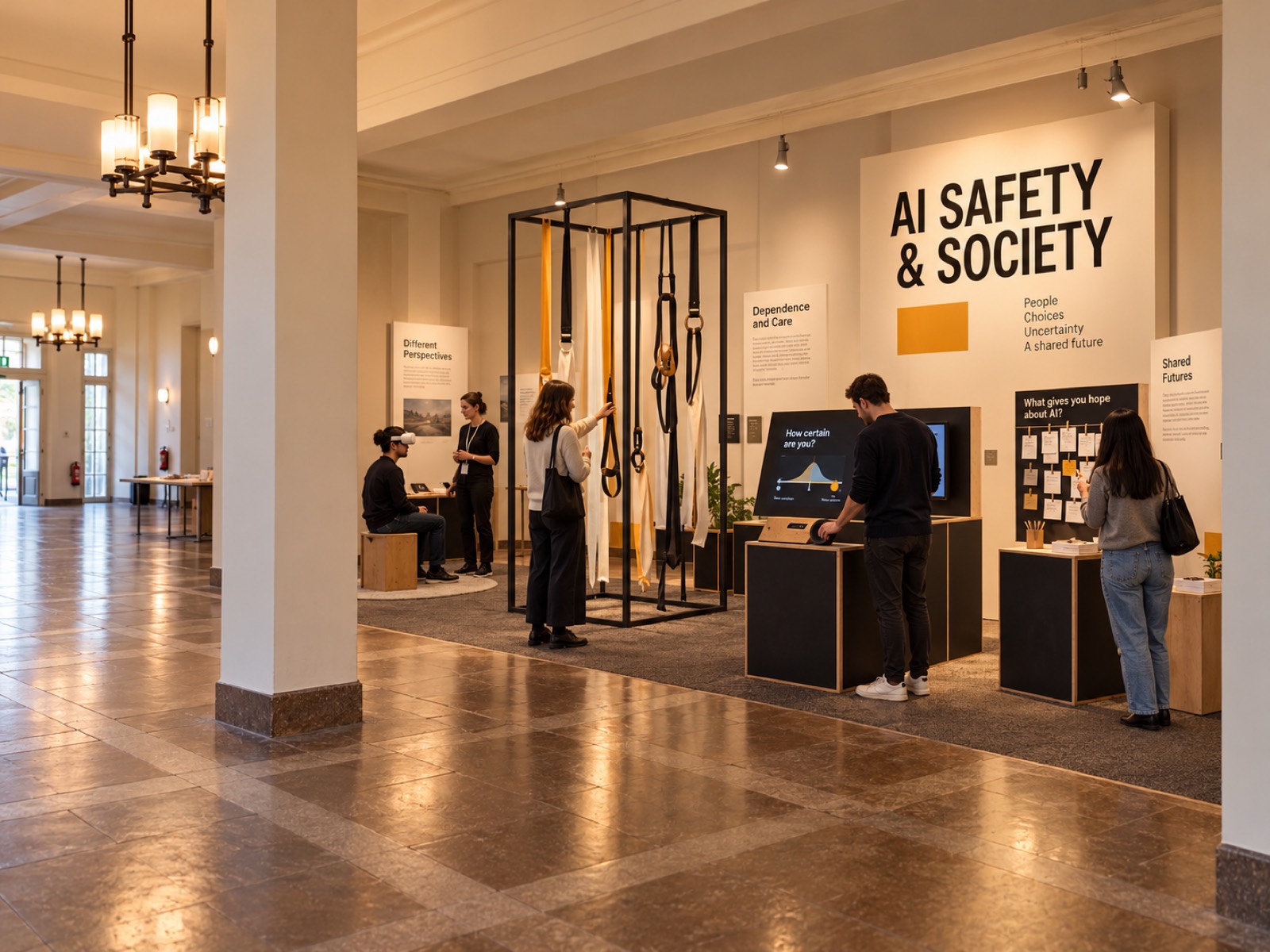 Concept image: a pale gallery with a tall metal frame hung with fabric straps, interactive screens on dark plinths, a VR station and a wall of handwritten cards.