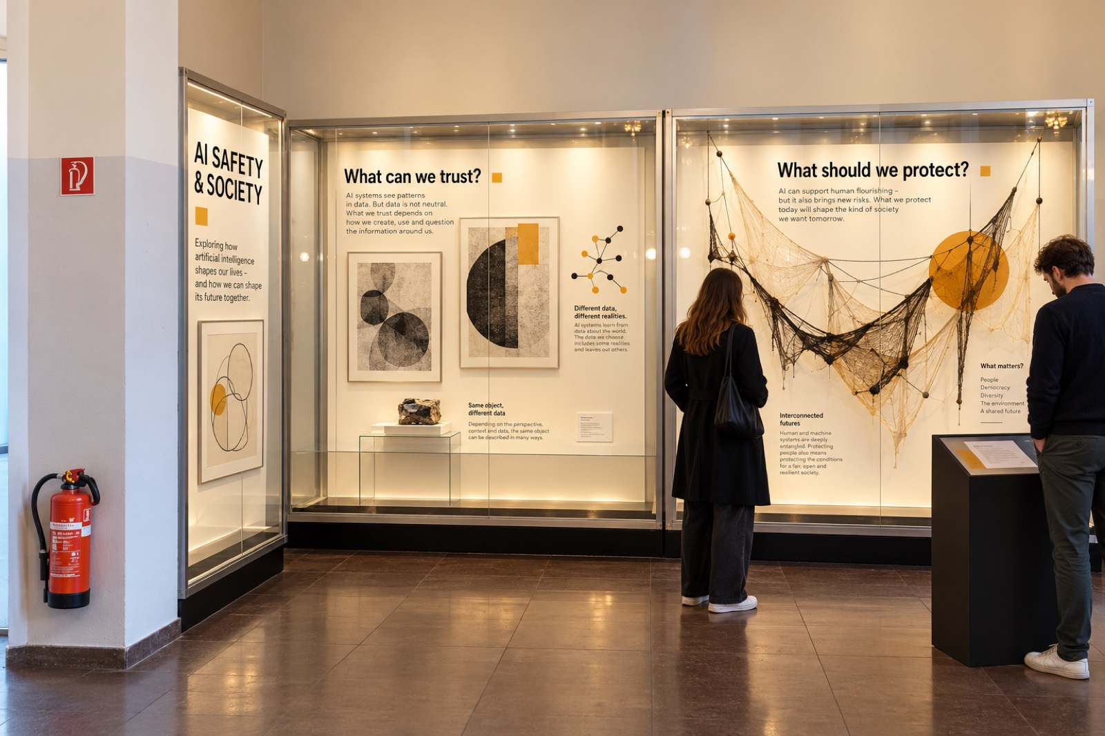 Concept image: glass display cases with prints, a small object on a plinth and a hanging net sculpture, under headings asking what we can trust and what we should protect.